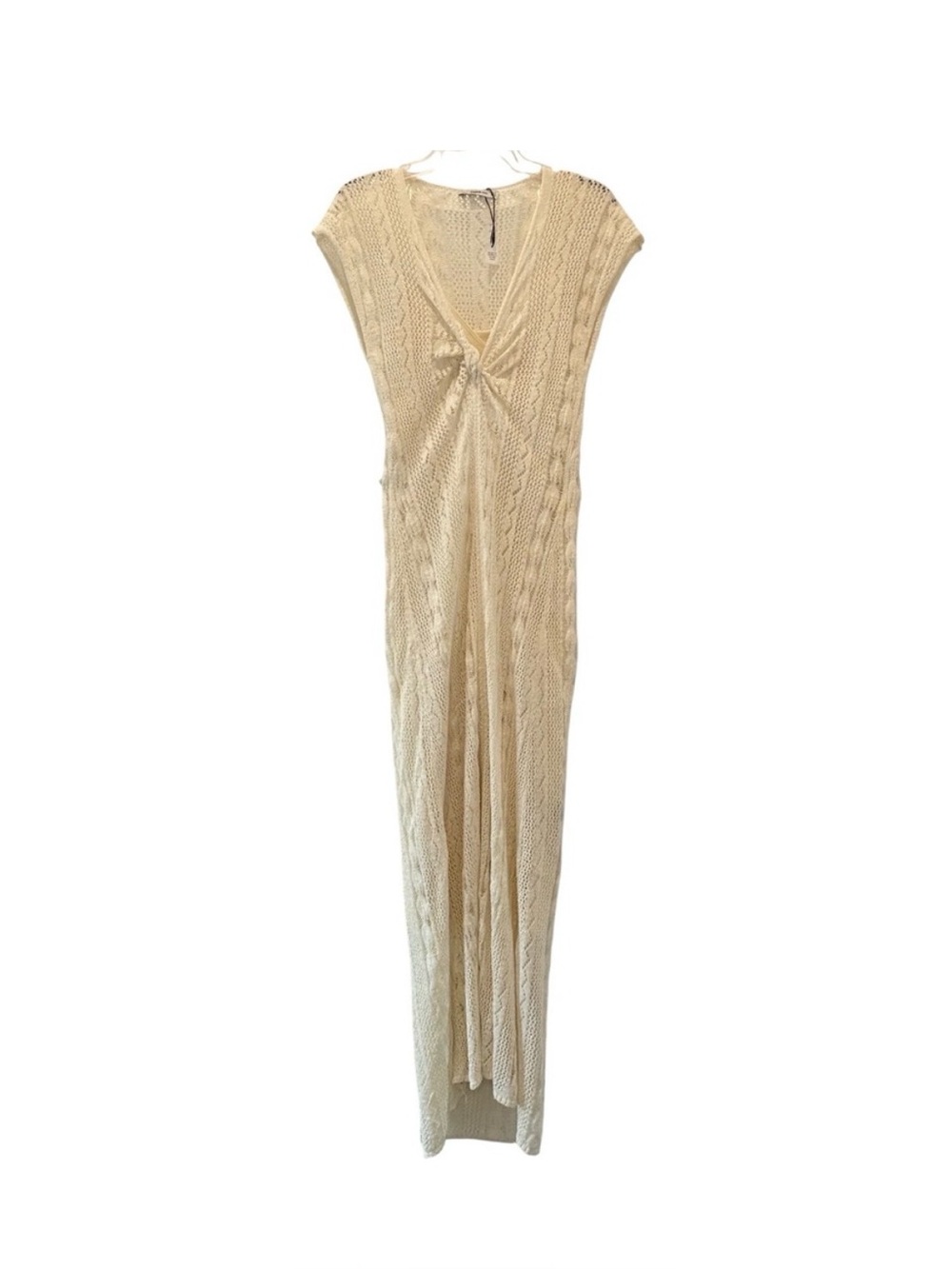 Zara Knit Cream Pointelle Crochet Maxi Dress Boho Festival Beach Resort Size M